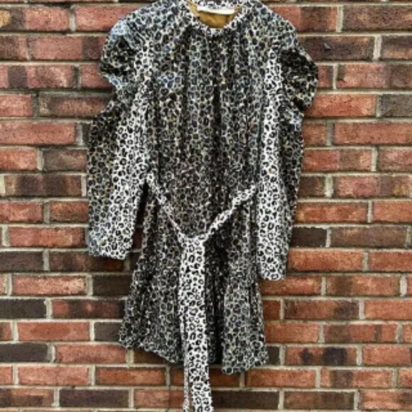 Marie Oliver Animal Print Long Sleeve Dress Mini Tie Green Black Tan Size Med - Picture 1 of 6